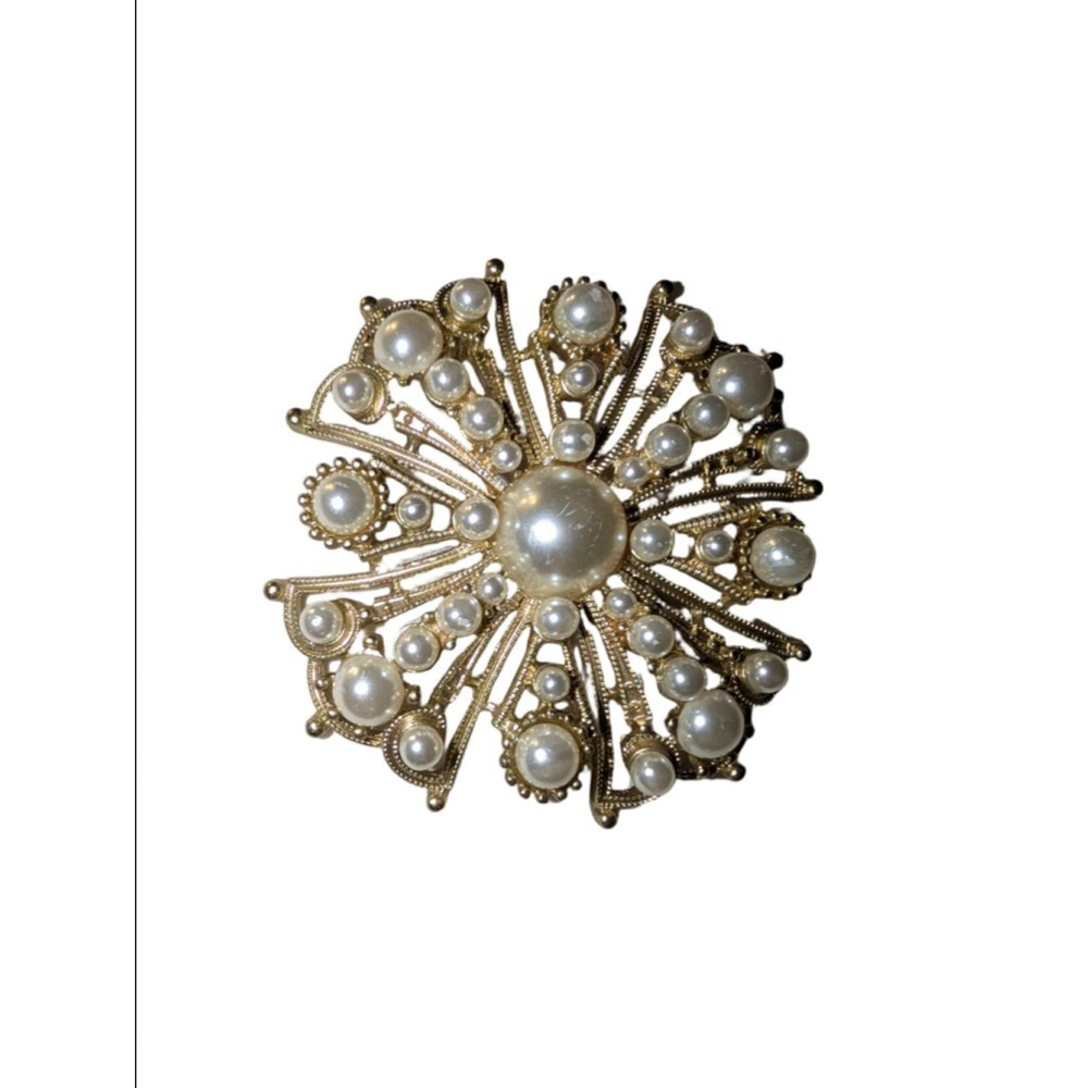 Matte Silver Tone Faux Pearl Brooch 2.25 inch with Some Scratches on Pearls